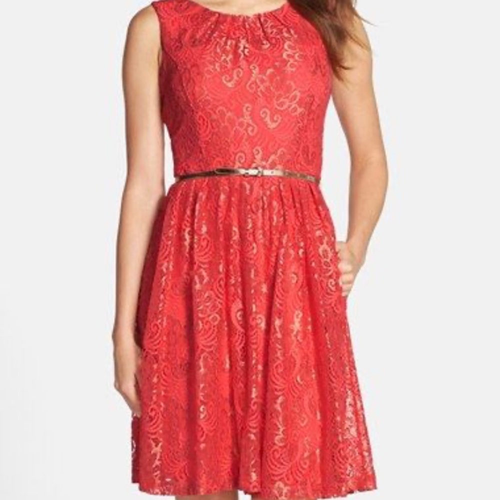 Ellen Tracy Women's‎ Pink and Gold Lace Midi w/ Gold Belt Size 6